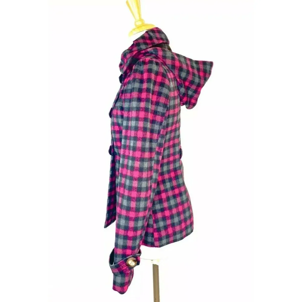 Pink Envelope Women’s Peacoat Hooded Plaid Double Breasted Look Jacket Small - Picture 6 of 11